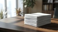 Stack of white paper documents on wooden desk in modern office workspace for business administration and paperwork organization.