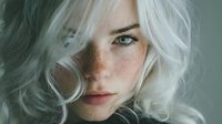 Young woman with platinum white curly hair, freckled face, and intense green eyes against neutral background. Perfect for beauty, fashion, or character portrayal.