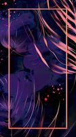 Abstract purple and coral composition with flowing lines and glowing particles against dark background, framed by geometric border. For modern wall art and design.