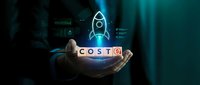 Businessman holding glowing rocket icon above costs text blocks representing startup launch and business expense management in digital technology concept.