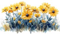 Yellow daisies with blue-gray foliage in watercolor style, soft flowing botanical arrangement showing delicate petals and stems against white background.