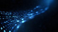 Digital binary code stream flowing in abstract technology space with glowing blue numbers on dark background, representing data transfer and connectivity.