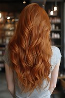 Back view of woman with long wavy copper red hair in salon setting, showcasing healthy shiny locks for hair care advertising.