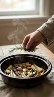 Person adding fresh rosemary to slow cooker with roasted vegetables and broth. Steam rises from pot near bright window. Cooking, meal preparation, home kitchen.