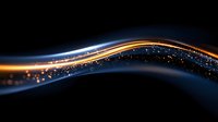 Glowing blue and orange light waves with sparkles flow across dark background creating dynamic motion effect for technology and energy designs.