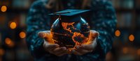 Glowing digital Earth with graduation cap floating above hands against blurred bokeh background, representing global education and academic achievement worldwide.