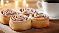 Fresh baked cinnamon rolls dusted with powdered sugar on wooden board with coffee cup and soft bokeh lights in background, warm morning breakfast setting.