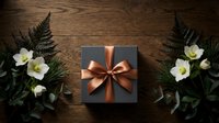 Elegant dark gift box with copper satin bow surrounded by fern leaves and white flowers on rustic wooden background, top view.