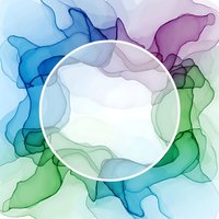 Abstract watercolor frame with flowing organic shapes in blue, purple and green tones creating circular border for text or design elements.