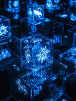Glowing blue transparent cubes with mystical symbols and geometric patterns create futuristic abstract composition against dark background.