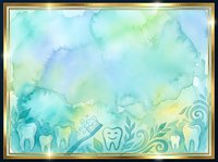 Watercolor dental background with tooth icons and ornamental swirls in soft blue, green, and yellow tones. Isolated design suitable for dentistry marketing, healthcare presentations, and dental clinic materials.
