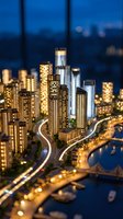 Miniature tilt-shift city model glowing at night with skyscrapers, light trails, and a waterfront bridge in warm golden light.