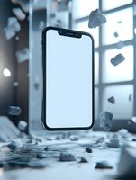 Modern smartphone floating with ice crystals in cold blue atmosphere, blank white screen mockup for app or mobile interface design presentation.