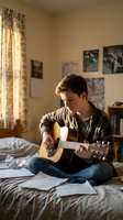 Young Caucasian male teenager playing acoustic guitar on bed in cozy bedroom with sheet music, practicing musical skills at home during golden hour lighting.