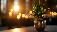 Green plant in bronze metallic vase on wooden table with warm bokeh lights in background creating cozy atmospheric home interior setting.