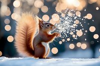 Cute red squirrel sitting in snow with fluffy tail, surrounded by magical sparkling bokeh lights and floating particles, winter holiday festive background.