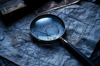 Magnifying glass on vintage map with dramatic lighting creates mysterious atmosphere for adventure, discovery and investigation themes in dark blue tones.