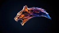 Fierce wolf head with open jaws rendered in glowing orange and blue energy lines against dark background, artistic digital illustration for logo design.