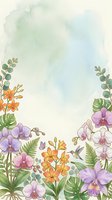 Watercolor floral border with orchids, tropical leaves, and a hummingbird on a soft pastel background with copy space.