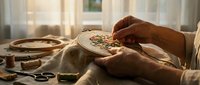 Elderly hands working on colorful floral embroidery in wooden hoop with crafting supplies on table in warm sunlit room for needlework and hobby projects.