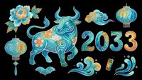 Taurus zodiac sign with decorative elements, lanterns, and 2033 numerals isolated on transparent background. Ready for t-shirt design, clipart, stickers, sublimation, and print-on-demand products.
