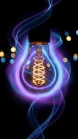 Glowing vintage light bulb with spiral filament surrounded by flowing purple and blue energy waves on dark background with bokeh lights for creative design.