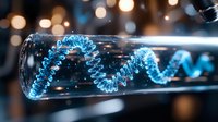 Glowing blue DNA helix structure floating in glass tube with bokeh lights background, scientific research concept for genetics and biotechnology laboratory studies.