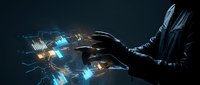 Silhouetted hand touching glowing blue and gold digital particles and light streaks against dark background, representing technology, innovation, and digital transformation concepts.