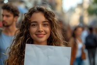 Young Hispanic woman with curly hair and natural smile holding blank white paper outdoors. Perfect for advertising, education, or communication concepts.
