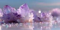 Amethyst crystal cluster with translucent purple points against dreamy pastel sky backdrop, creating magical mineral landscape for wellness and spiritual decor.
