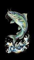 Decorative catfish with long barbels leaping from ornamental water splashes, isolated on transparent background. Ready for t-shirt designs, clipart, stickers, sublimation, and print-on-demand products.