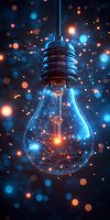 Glowing lightbulb with network of illuminated connections and particles against dark background creates futuristic atmosphere of innovation and creativity.