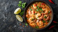 Spicy shrimp in coconut curry sauce served in rustic bowl with fresh lime and herbs, perfect for restaurant menu or food blog. Top view on dark background.