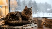 A brown tabby cat with long fur rests on a cozy knit blanket by a snowy window, gazing outside during winter weather with a warm mug and lamp nearby.