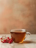 Glass cup of herbal tea with red berries on wooden table against warm textured background for cozy autumn beverage concepts.