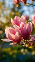 Pink magnolia flowers blooming on branch with soft sunlight, blurred garden background. Spring flowering tree blossom for nature, botanical, and seasonal design projects.