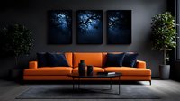 Modern living room interior with orange sofa, dark blue wall art triptych featuring moonlit trees, decorative plants and round coffee table on gray floor.
