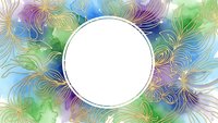 Colorful abstract watercolor background with golden line art flowers and white circle frame for text or logo design projects.