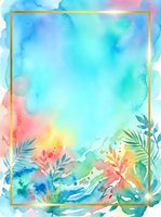 Watercolor tropical foliage frame with vibrant gradient sky in turquoise, pink, and yellow tones. Golden rectangular border with botanical leaf elements. Isolated on white background, ready for design projects.