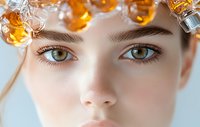 Close up portrait of green eyes with natural makeup and amber glass bottles creating artistic bokeh effect above eyebrows on light background.