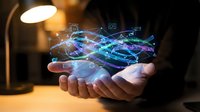 Businessman holding glowing digital network connections and data streams in cupped hands representing technology innovation and connectivity solutions.