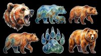 Roaring bear head and walking bear figures with paw print, isolated on transparent background. Ready for t-shirt design, clipart, stickers, sublimation, and print-on-demand products.