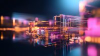 Futuristic cityscape with glowing neon lights and geometric structures reflected in water, creating dynamic urban nightscape with pink and blue color palette.