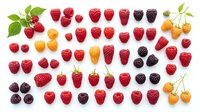 Fresh red raspberries, golden yellow berries, and dark blackberries arranged on white background. Isolated fruits ready for culinary, nutritional, and wellness design projects.