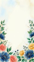 Watercolor floral border frame with navy blue, pink and yellow flowers, green leaves and gold accents on soft beige background for cards and invitations.