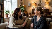 Two women having friendly conversation on cozy living room sofa with warm lighting and home decor creating intimate atmosphere for relationship bonding.
