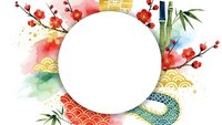 Asian-inspired watercolor frame with cherry blossoms, bamboo, traditional patterns and circular white space for text or design elements.