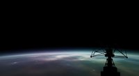 Satellite orbiting above Earth with planet surface below showing atmosphere and city lights at night from space perspective.