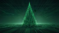 Digital matrix code forming Christmas tree shape with glowing green binary numbers on dark cyber background for holiday tech designs.