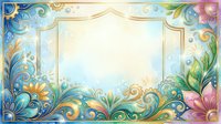Ornate floral frame with swirling golden patterns, pastel blue and green tones, glowing light center, perfect for greeting cards and invitations.
